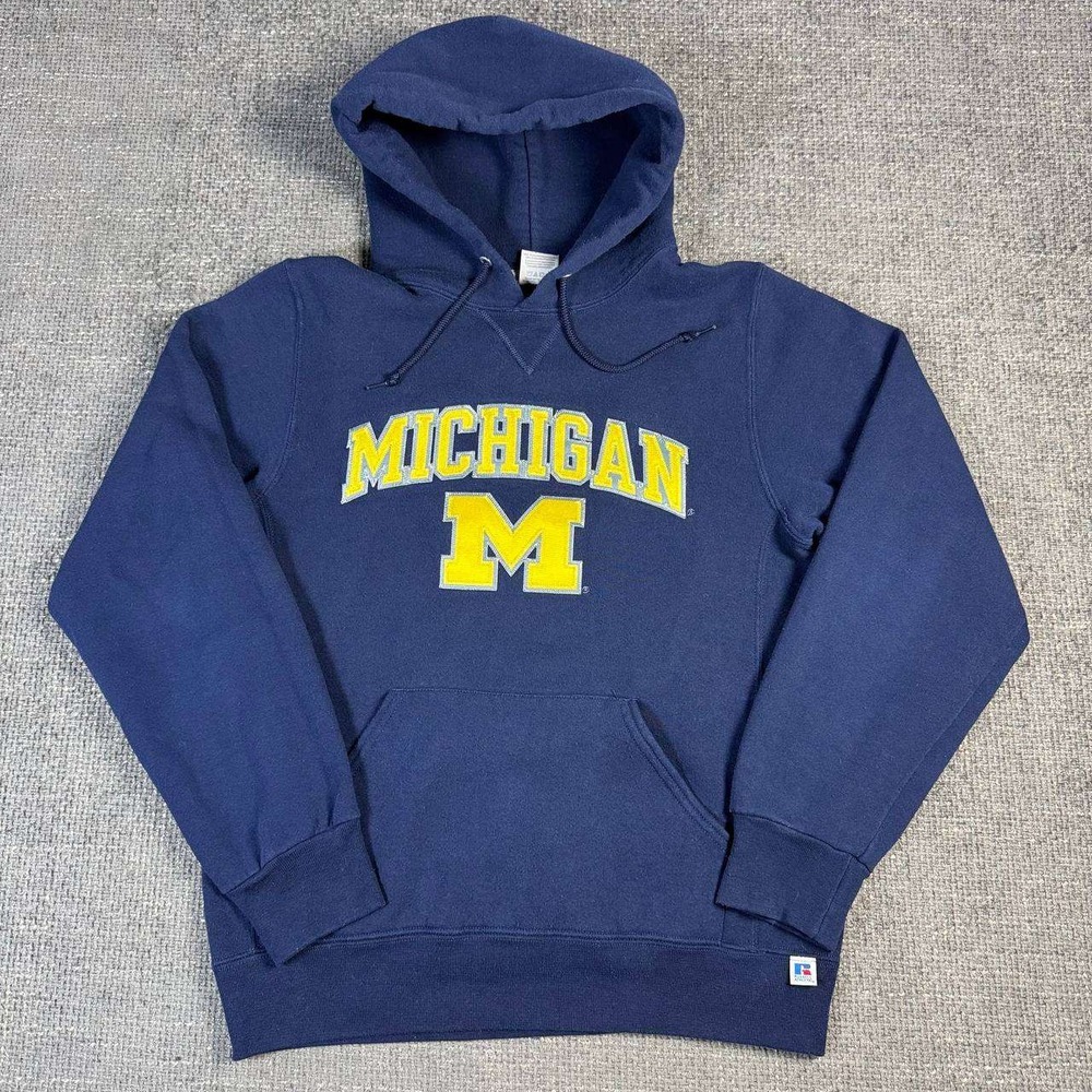 Russell Athletic Michigan Wolverines Hoodie Mens Small Navy Blue Y2K V-Stitch
